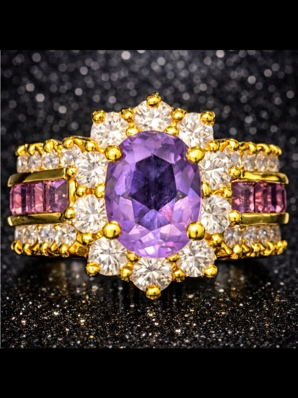 Suzanne Somers vintage amethyst oval round princess cut CZ cocktail ring gold